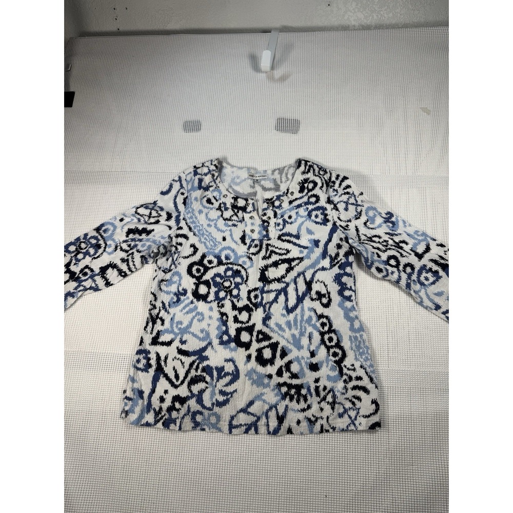 Rebecca Malone Womens Medium Blue Abstract Print 3/4 Sleeve Blouse Top